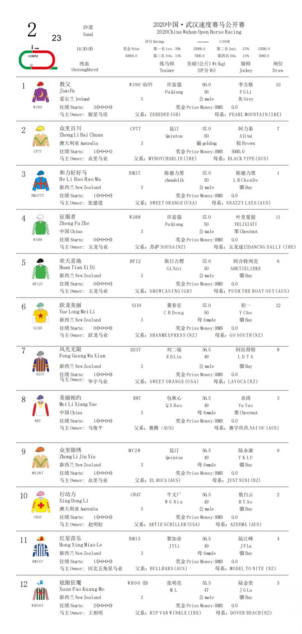 2020武汉速度赛马公开赛11月21日赛事排位表