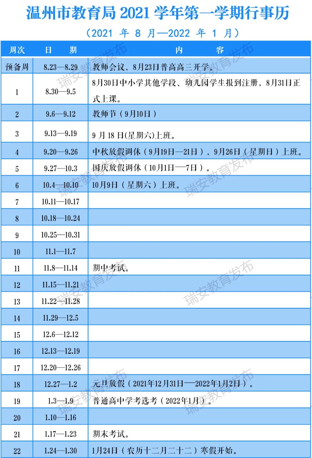 2021温州瑞安秋季报到注册、开学时间及寒假放假时间