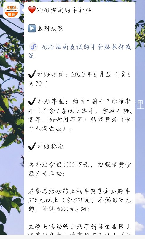 2020温州鹿城购车补贴最新政策