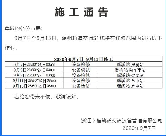 温州轨道交通S1线施工最新消息（9月7日—13日）