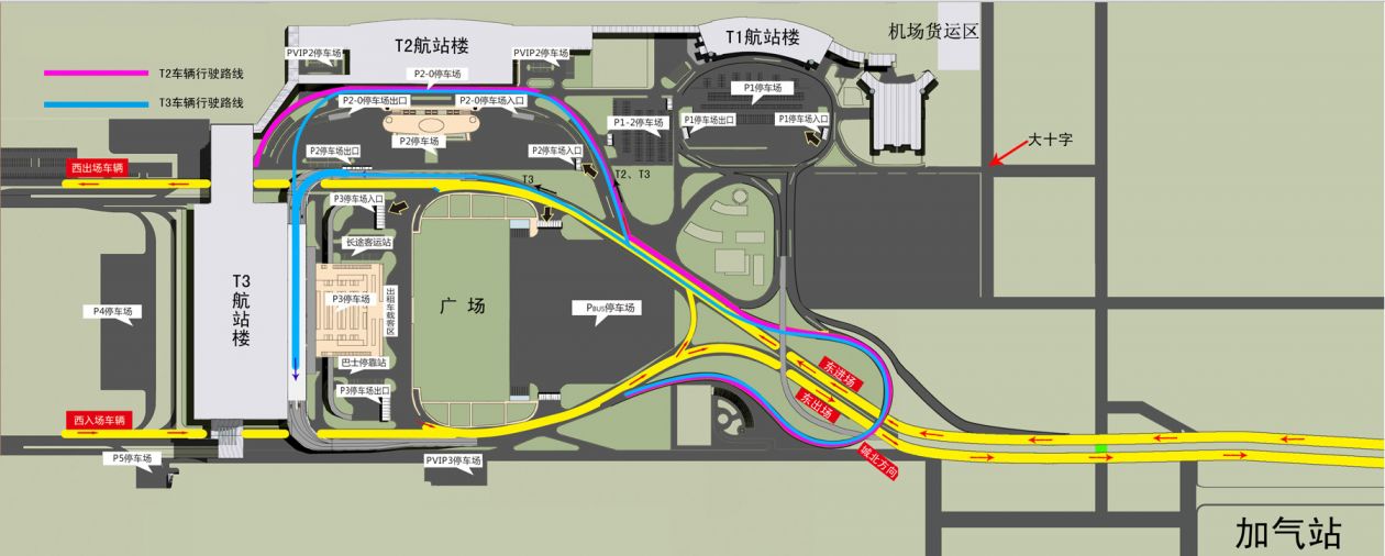 西安咸阳机场交通线路图（停车场+行驶线路