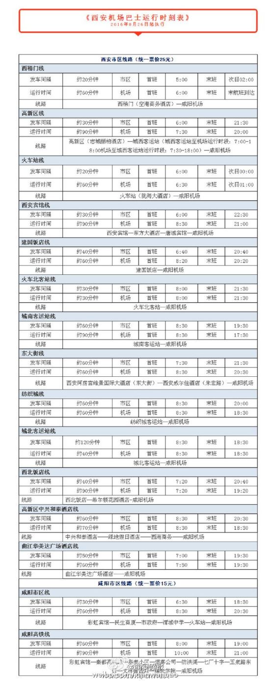 2016西安机场大巴时刻表(时间 线路)