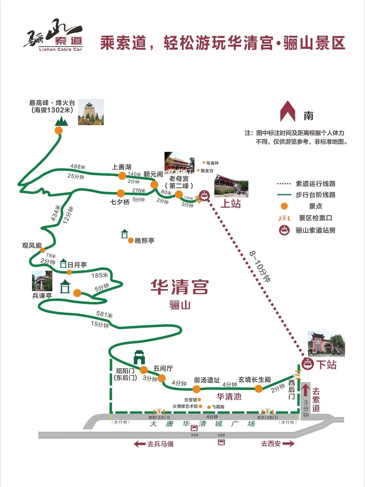 先乘索道上山参观骊山,结束后乘索道下山,从西后门入园参观华清池,从