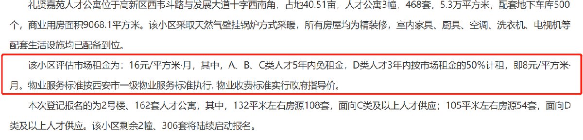 西安礼贤嘉苑租金标准