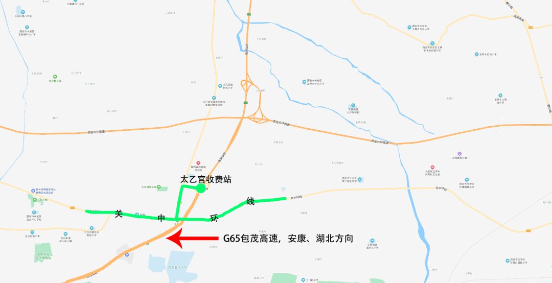 分流线路14:西柞高速(g65)通过太乙宫收费站经107省道(环山路)进出