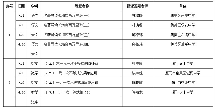 厦门初中云课堂课程表(持续更新)