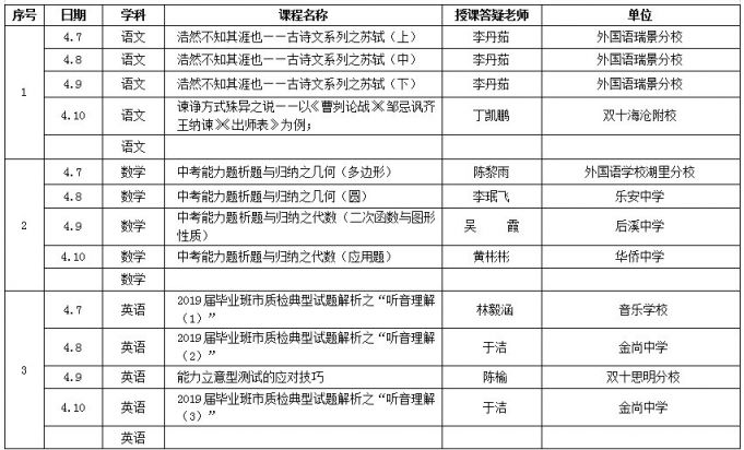 厦门初三云课堂课程表(持续更新)