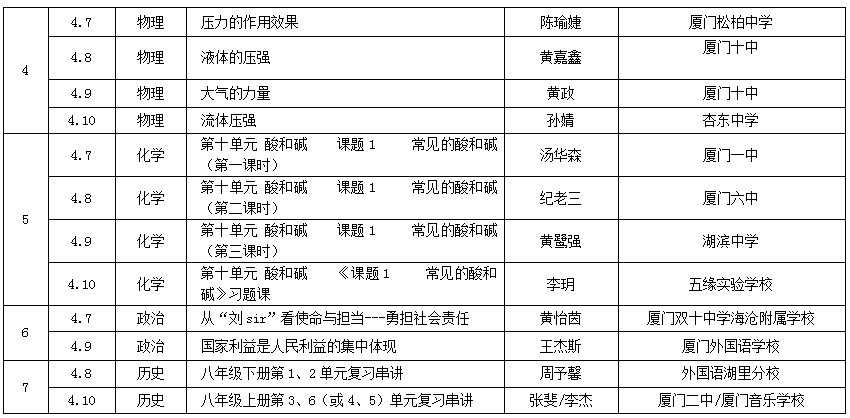 厦门初三云课堂课程表(持续更新)