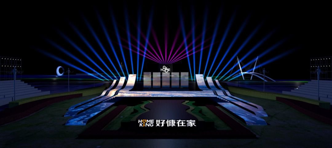 整个舞台使用地屏包裹,舞台两侧安装有2块功能性屏幕,舞台上空吊挂