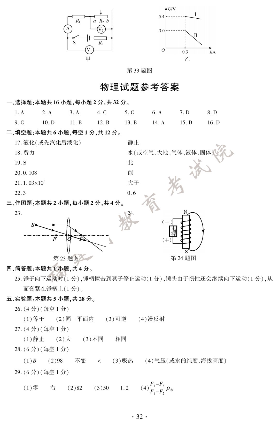 2020年厦门中考考试真题 参考答案