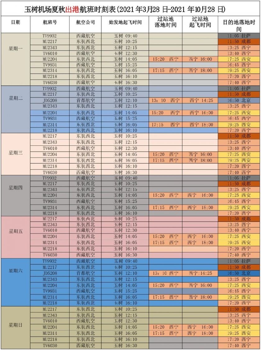 2021玉树巴塘机场航班时刻表(最新)