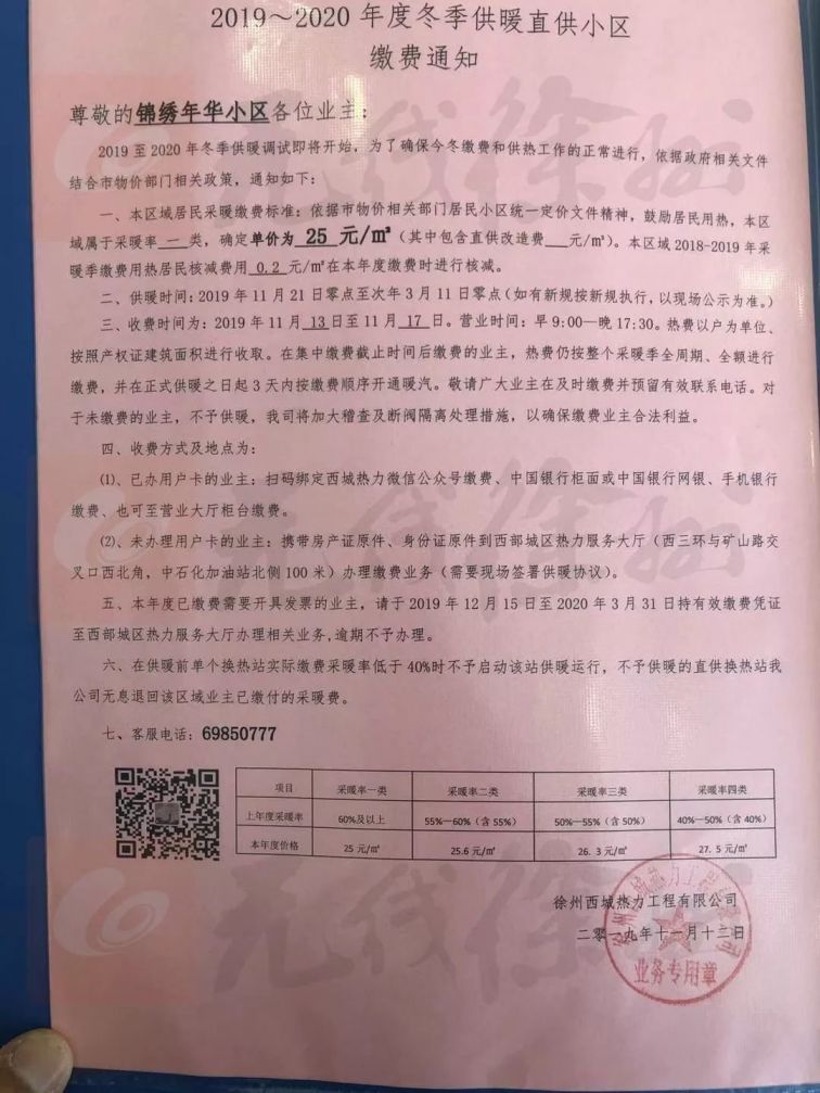 2019徐州西城热力部分直供小区采暖费一览表