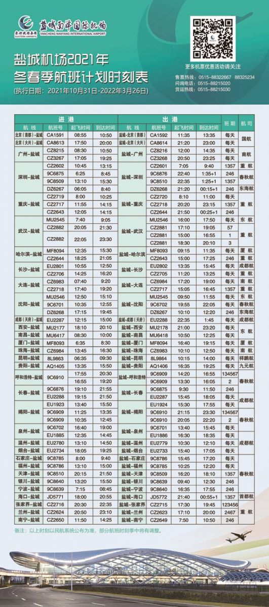 2021盐城机场航班冬春季最新时刻表