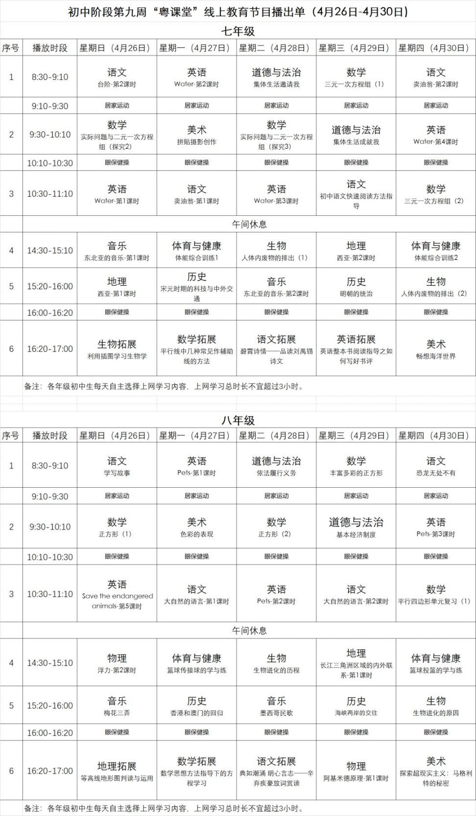 2020年广东粤课堂中小学线上教育节目播出单(每周更新)