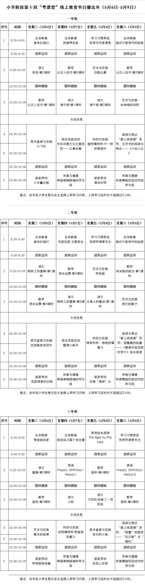 2020粤课堂小学课程表(持续更新)