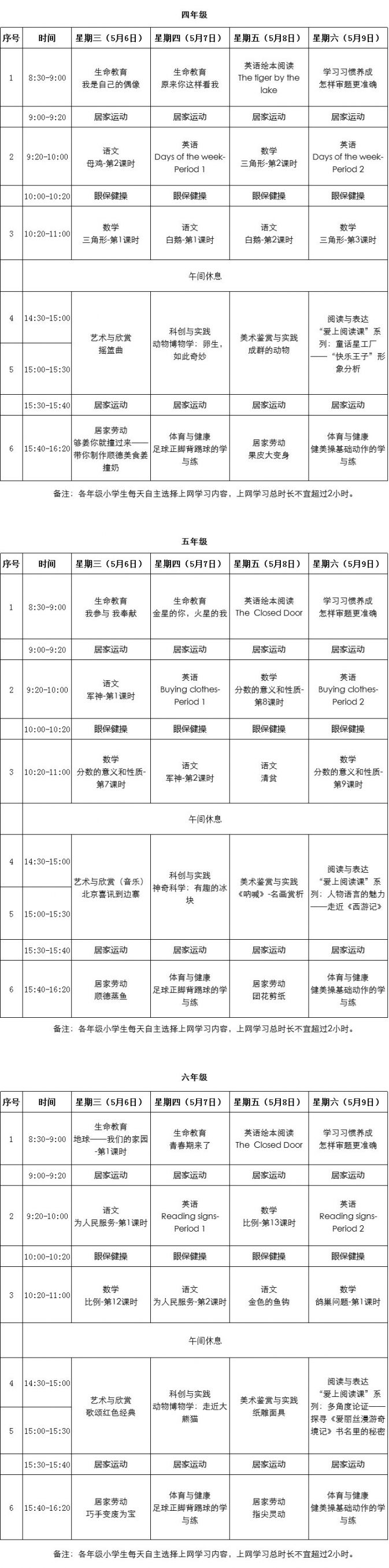 2020粤课堂小学课程表(持续更新)