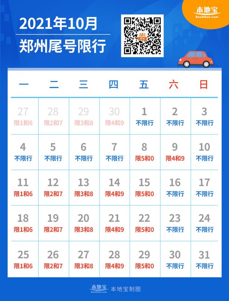 2021年10月郑州限行日历