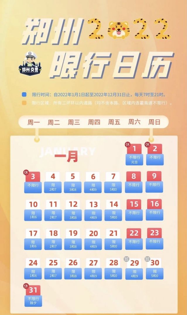 2022年1月郑州限行日历