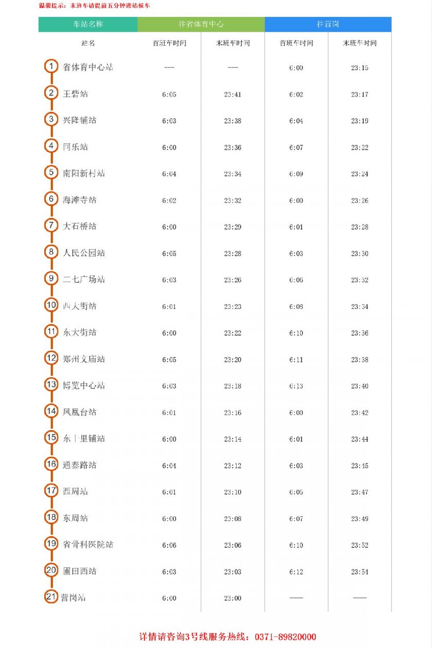 郑州地铁3号线运营时刻表（持续更新）