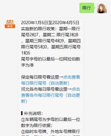 回复【限行】,即可查看当天限行尾号,保定限行区域,保