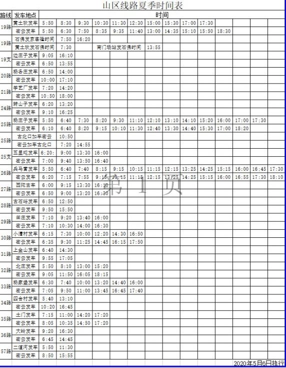 2020年北京密云区夏季公交车发车时间表