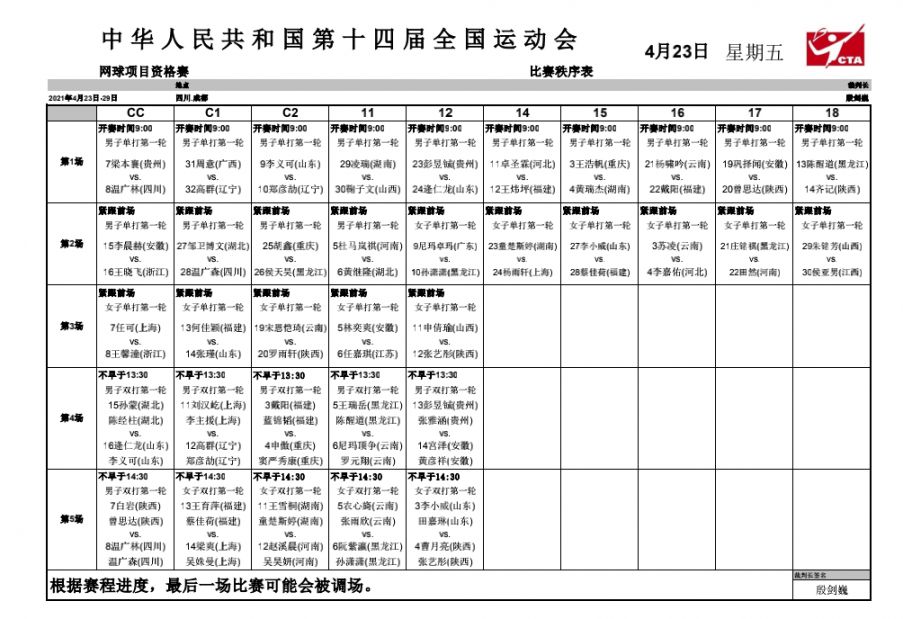 2021年全运会网球资格赛时间地点赛程