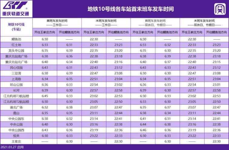 2022重慶軌道交通最新運營時刻表附首末班車時間