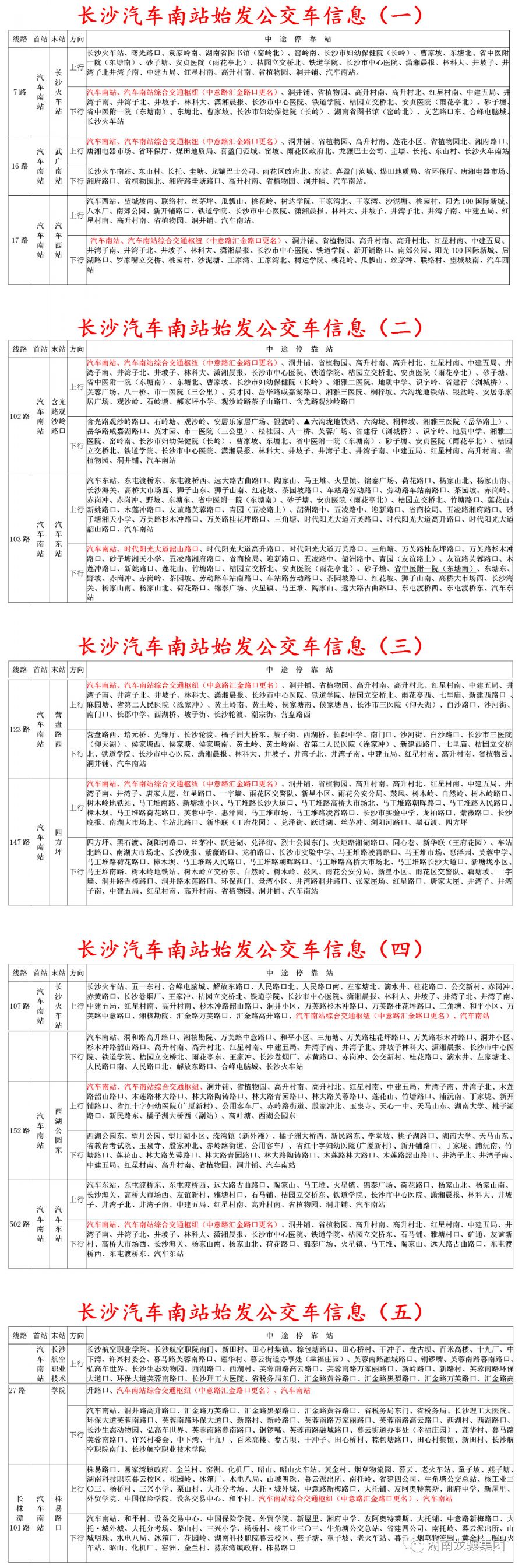 长沙汽车南站公交车线路汇总表