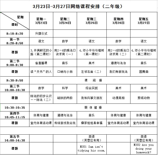长沙停课不停学课表3月23日至27日