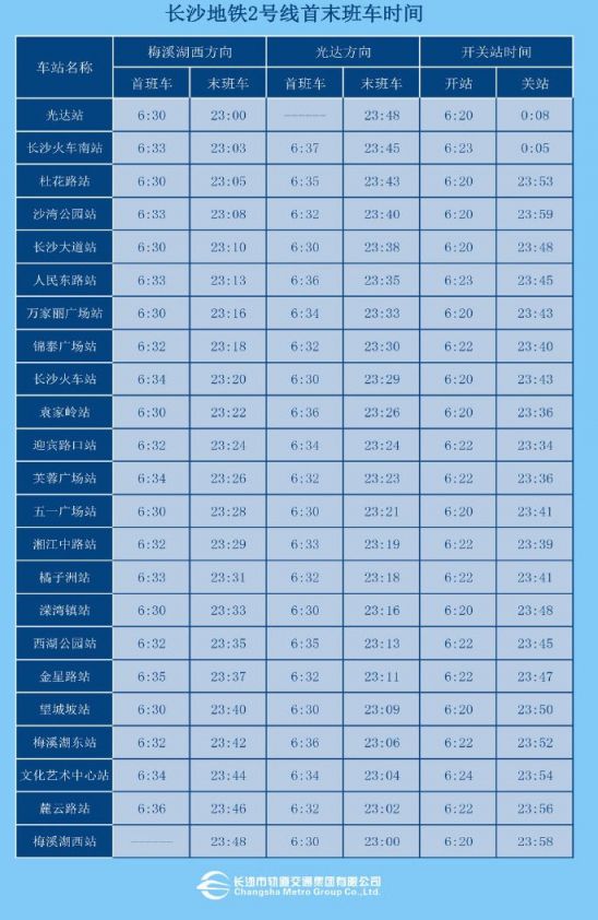 长沙地铁2号线运营时间(最新)