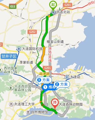 大连北站到大连森林动物园附路线图