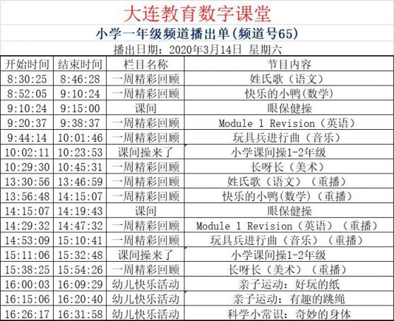 课堂课程表3月14日   大连教育数字课堂3月14日一周精彩回顾   小学