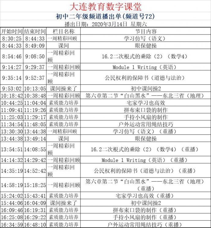 课堂课程表3月14日   大连教育数字课堂3月14日一周精彩回顾   小学