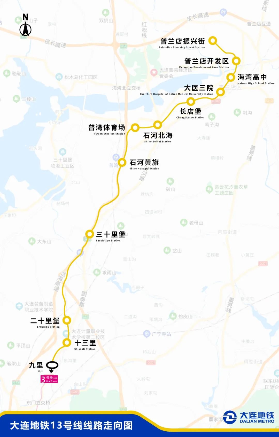 大连地铁13号线二期线路起自大连北站,终至金州九里,全长22公里,其中