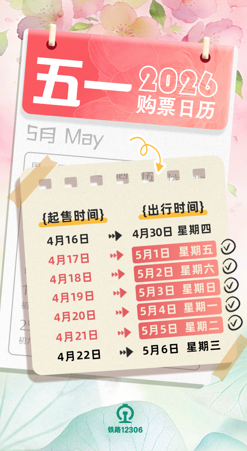 2026五一劳动节火车票开售时间时间表（附购票入口）