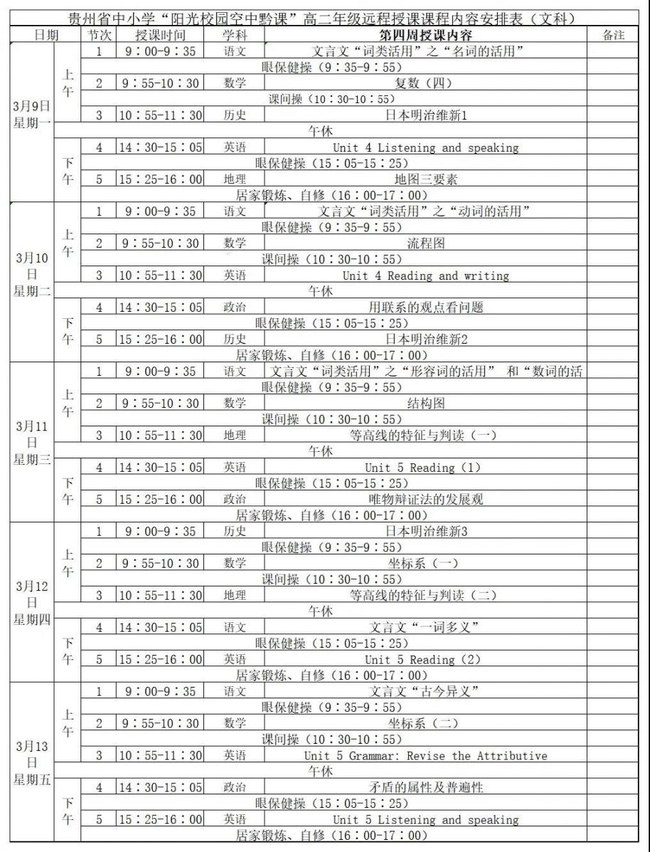 2020年3月9日至13日贵州省中小学网课课表汇总小学至高三