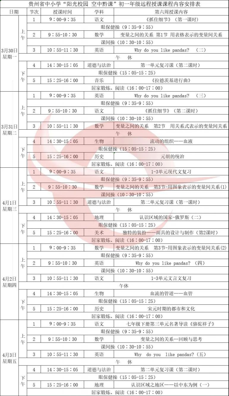 贵州初中课程表图片