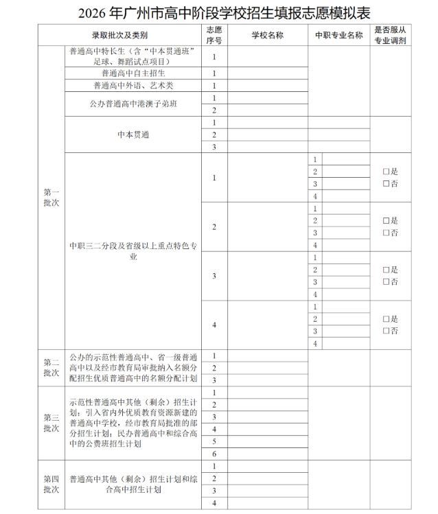 【本地资讯】2026年广州市高中阶段学校招生填报志愿模拟表（附打印表）