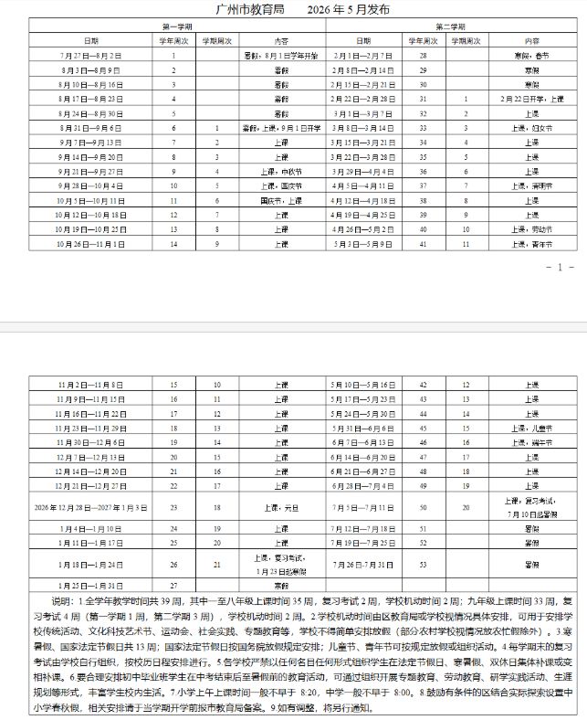 【本地资讯】广州小学暑假放假时间2026年