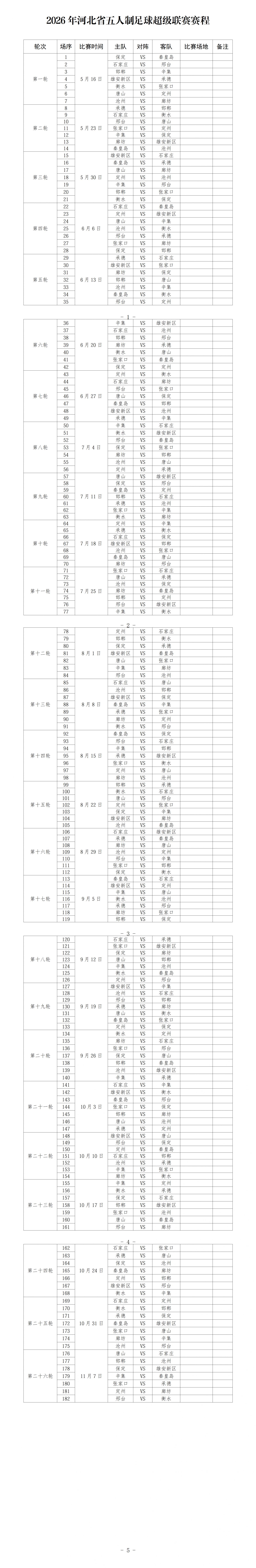2026赛季河北五超赛程公布
