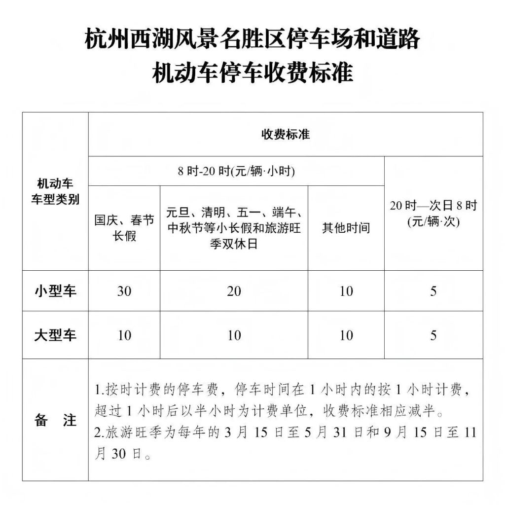 2026杭州五一西湖景区停车收费标准一览