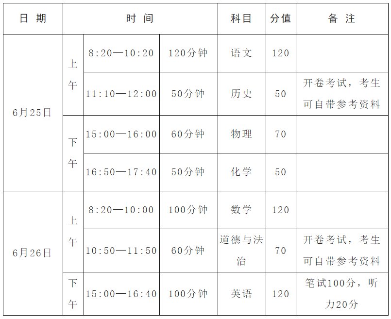 河南开封中考时间2021具体时间