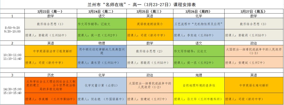 高一年級初三年級初二年級初一年級蘭州名師在線課程第五週課程表