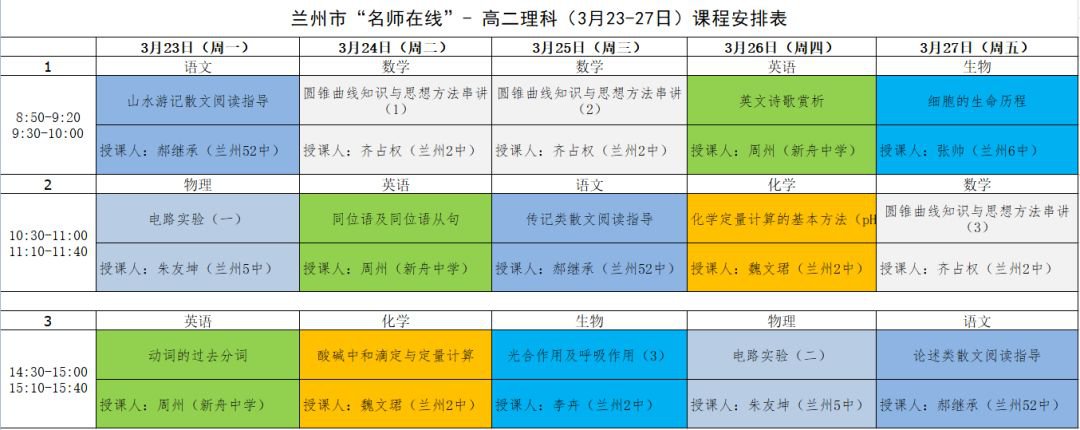 2020蘭州名師在線第五週課程表(初一到高三)