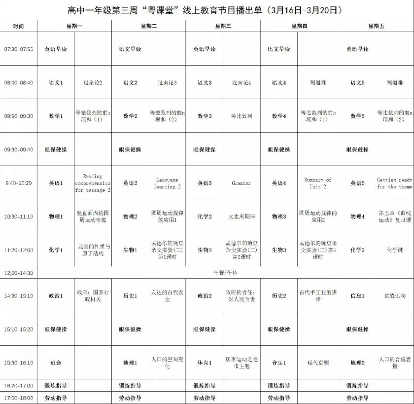 茂名粵課堂高中課程表(3月16日~3月20日)