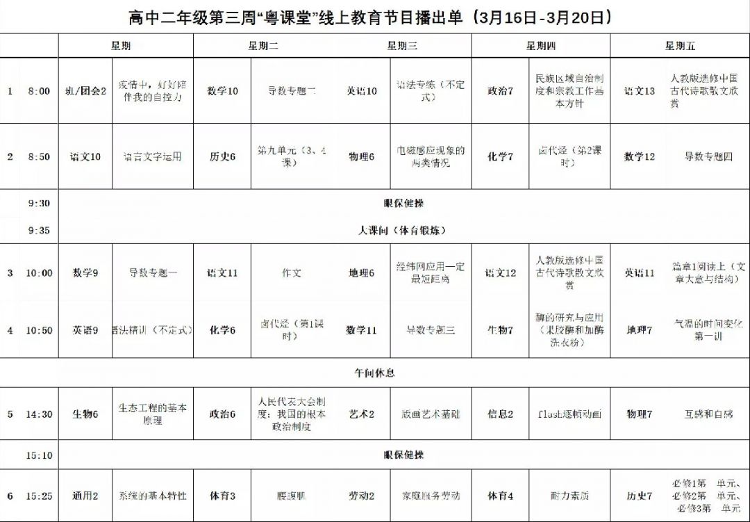 茂名粤课堂高二课程表(3月16日~3月20日)