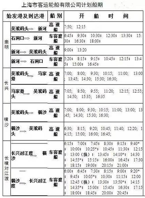 2017崇明輪渡時刻表 島內外公交最新時刻表