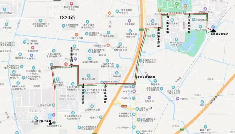 车墩公交枢纽站起经车峰路,影佳路,车影路,影振路,车亭公路,泖亭路,香