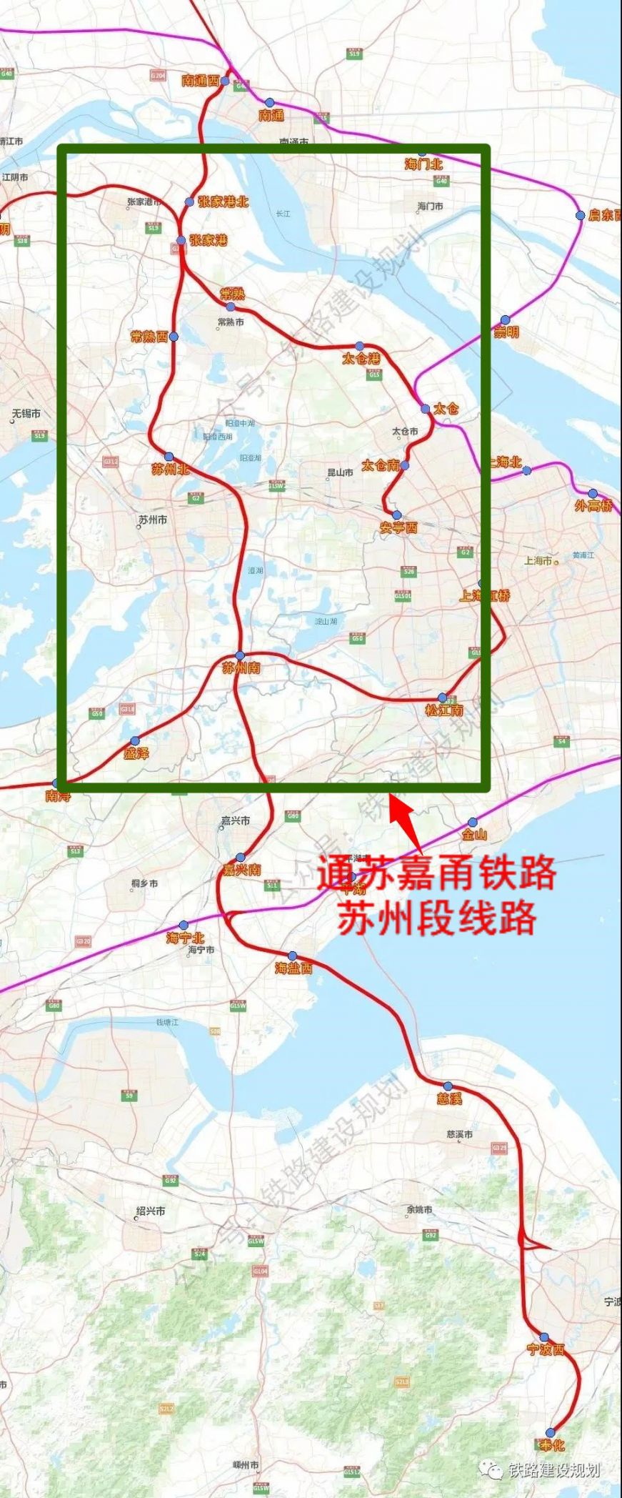 > 通苏嘉甬铁路苏州段线路图     图片来源:苏州规划   线路走向