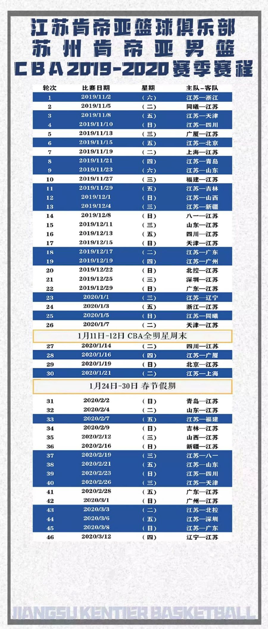 2020賽季cba蘇州肯帝亞賽程一覽